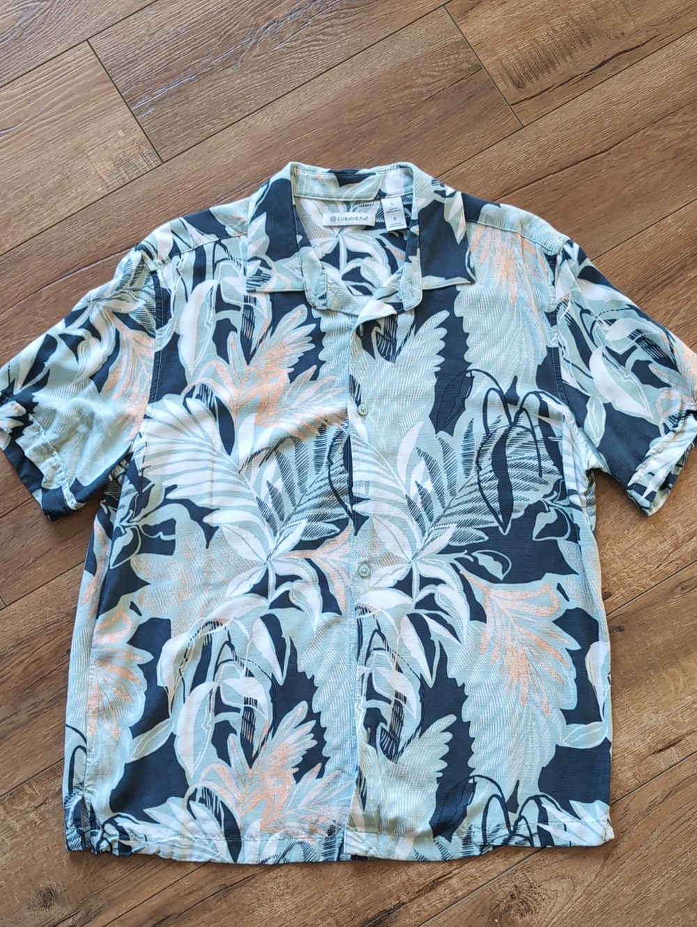Cubavera Light Blue, Navy & Peach Tropical Button-Down Shirt - L